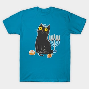 Intense Gaze Black Cat in Hanukkah T-Shirt